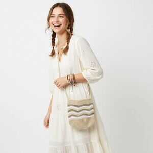 THE STONE Wave Knit Small Crossbody Bag Boho Beige White Taupe Lined Crochet